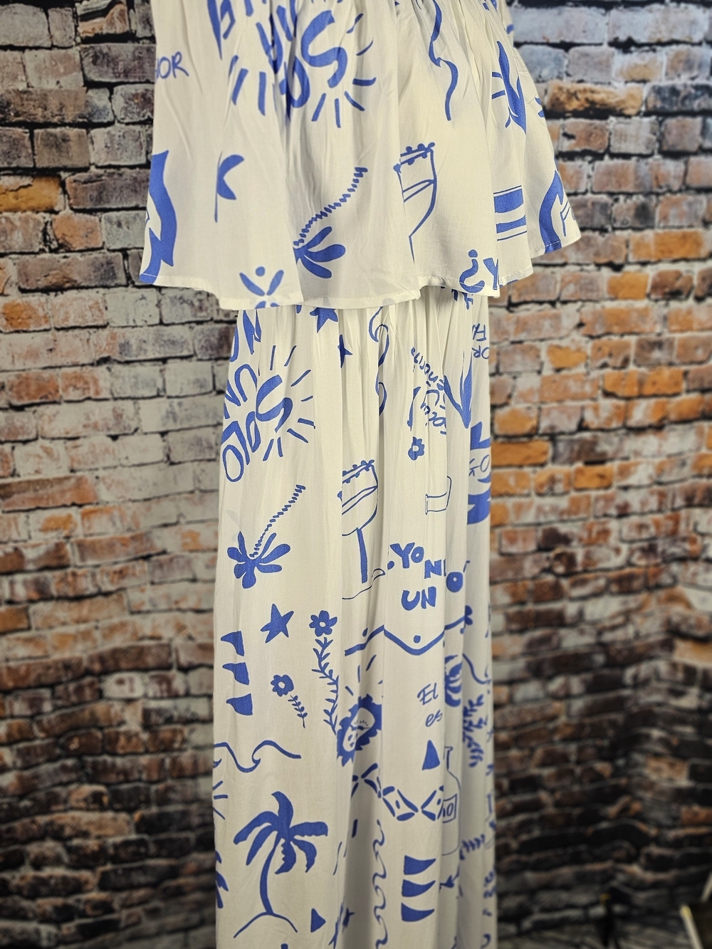 Label of Love Off Shoulder Maxi Dress Blue White Mediterranean Print Small NWT - Picture 4 of 8